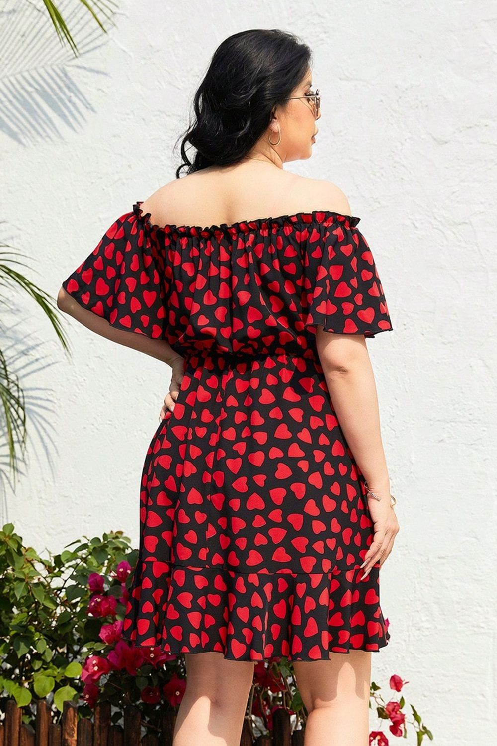 Plus Size Heart Print Off-Shoulder Tied Dress-Jewearrings