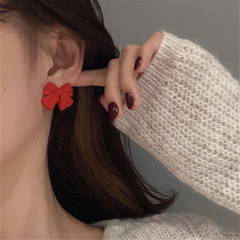 Red Bow Stud Earrings Frosted Cute-Jewearrings