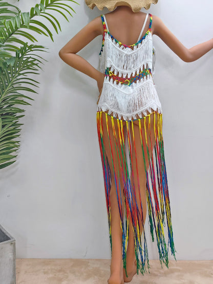 Fringe Scoop Neck Spaghetti Strap Cover-Up-Jewearrings