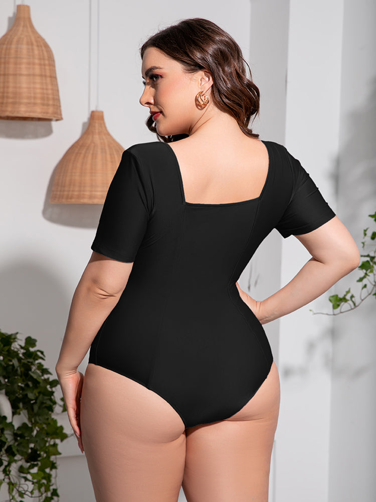 Plus Size Scoop Neck Short Sleeve One-Piece Swimsuit-Jewearrings