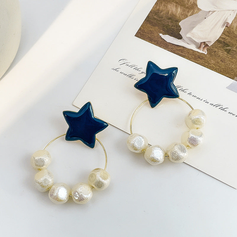 Irregular Pearl Earrings Earrings Ins Net Red Five-pointed Star Earrings-Jewearrings