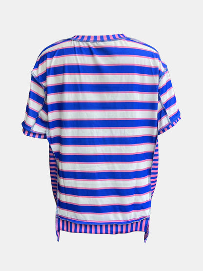 Full Size Contrast Stitching Striped Round Neck T-Shirt-Jewearrings