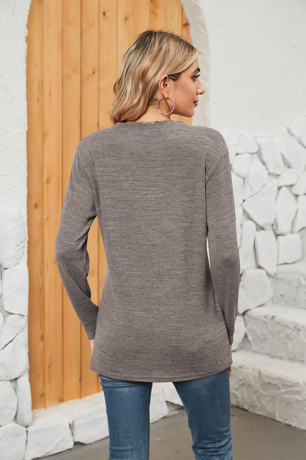 Notched Neck Long Sleeve T-Shirt-Jewearrings