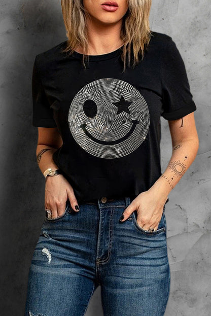 Rhinestone Smiley Round Neck Short Sleeve T-Shirt-Jewearrings