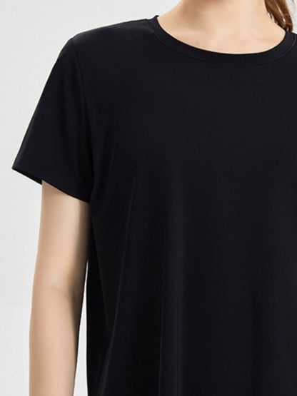 Slit Round Neck Short Sleeve Active T-Shirt-Jewearrings