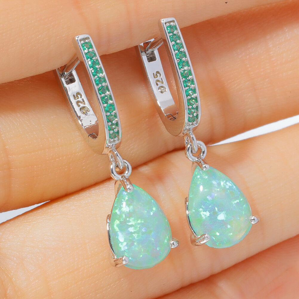 Green Drop Inlaid Zircon Opal Earrings-Jewearrings