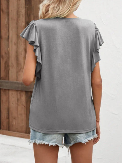 Full Size Ruffled Notched Cap Sleeve T-Shirt-Jewearrings