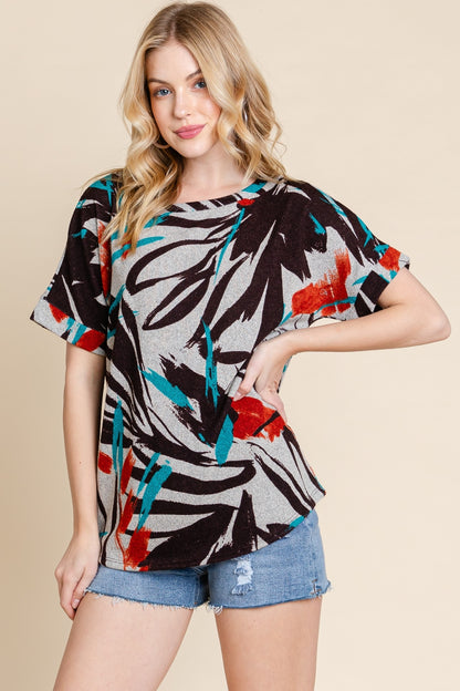 BOMBOM Printed Round Neck Short Sleeve T-Shirt-Jewearrings