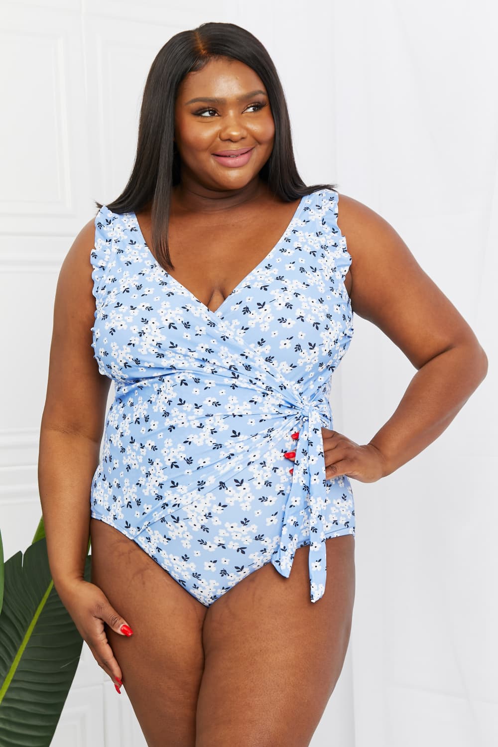 Marina West Swim Full Size Float On Ruffle Faux Wrap One-Piece in Blossom Blue-Jewearrings