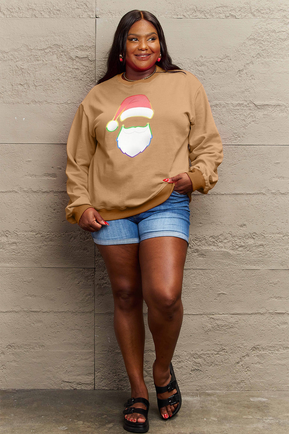 Simply Love Full Size Rainbow Santa Graphic Round Neck Sweatshirt-Jewearrings