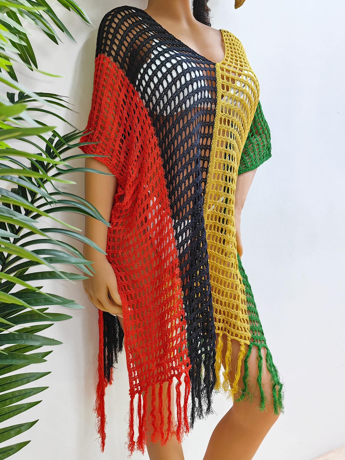 Fringe Color Block Scoop Neck Cover Up-Jewearrings