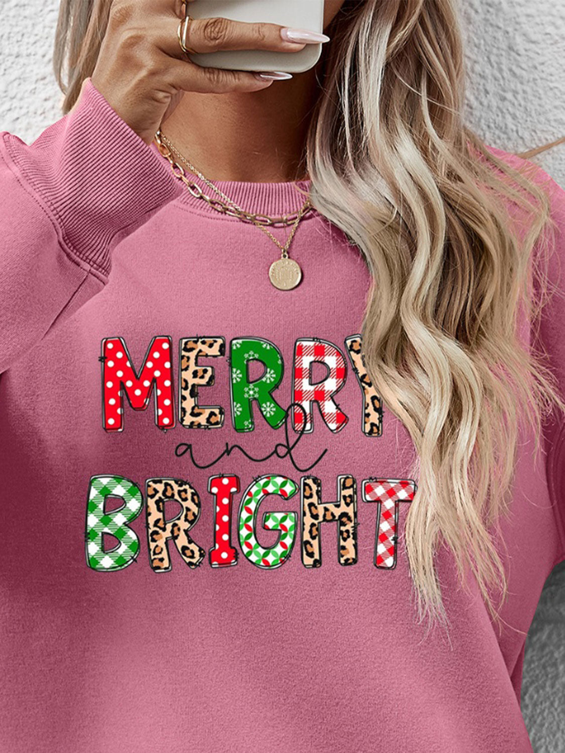 MERRY AND BRIGHT Round Neck Sweatshirt-Jewearrings