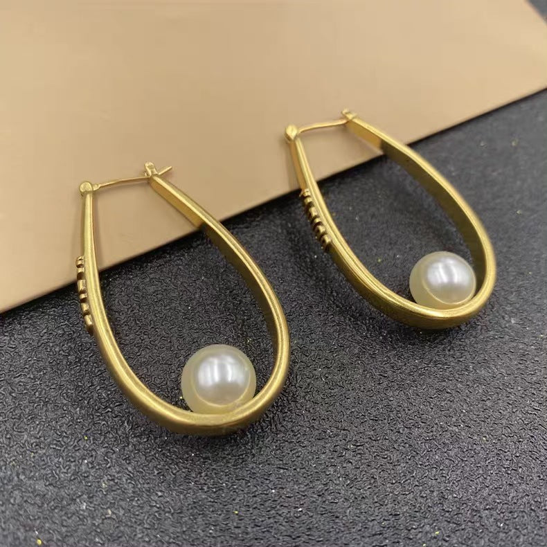 Oval Pearl Ear Hoop Earrings Jewelry-Jewearrings