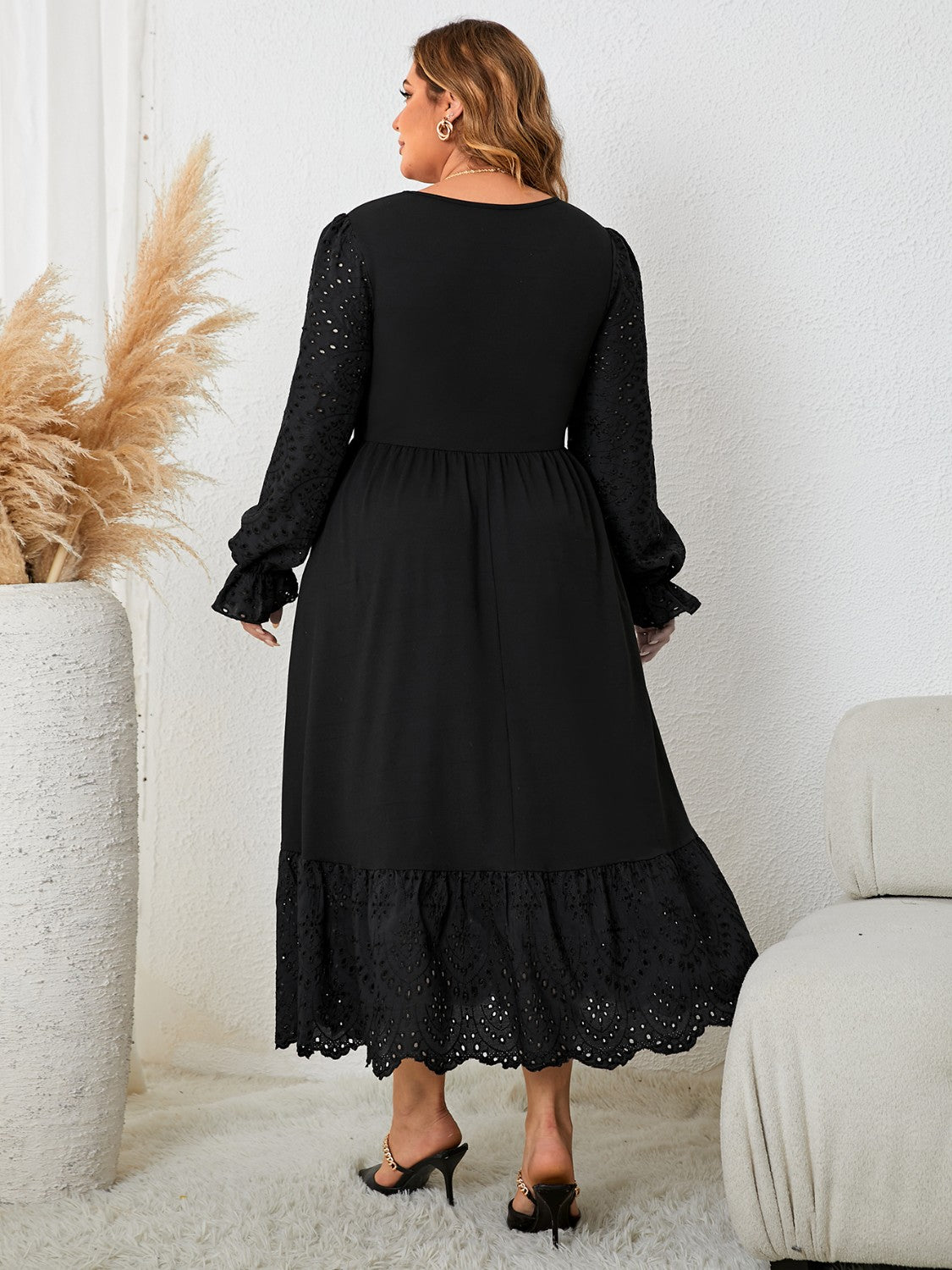 Plus Size Flounce Sleeve Lace Detail Dress-Jewearrings