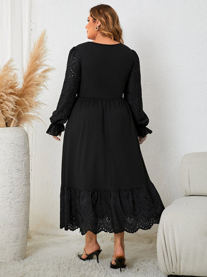 Plus Size Flounce Sleeve Lace Detail Dress-Jewearrings