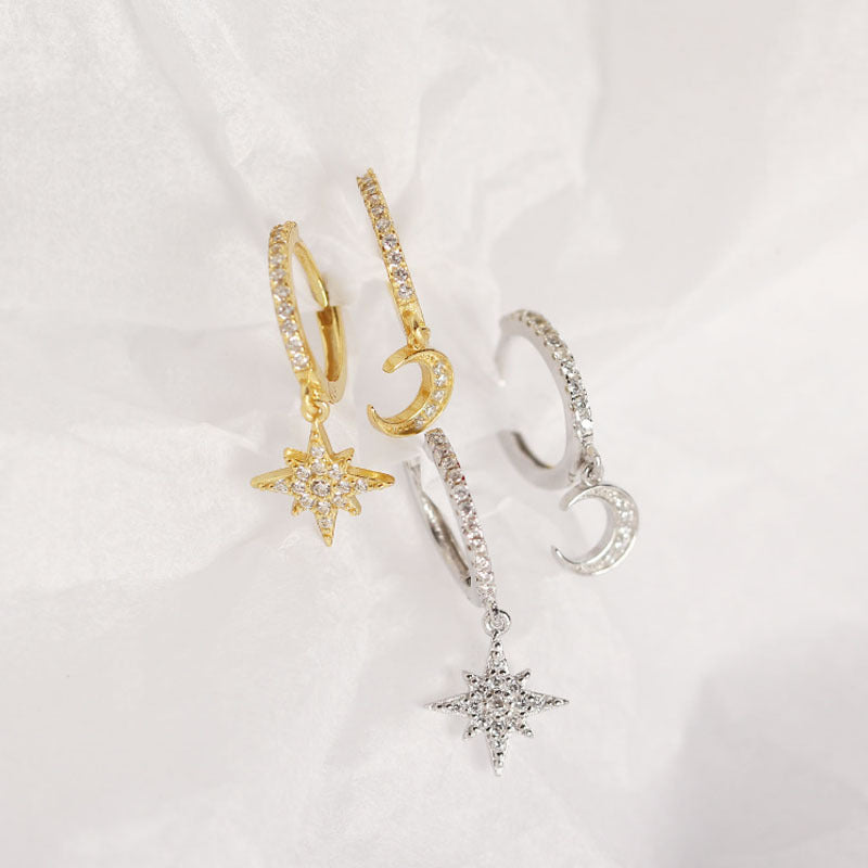 S925 Sterling Silver Star And Moon Asymmetrical Earrings-Jewearrings