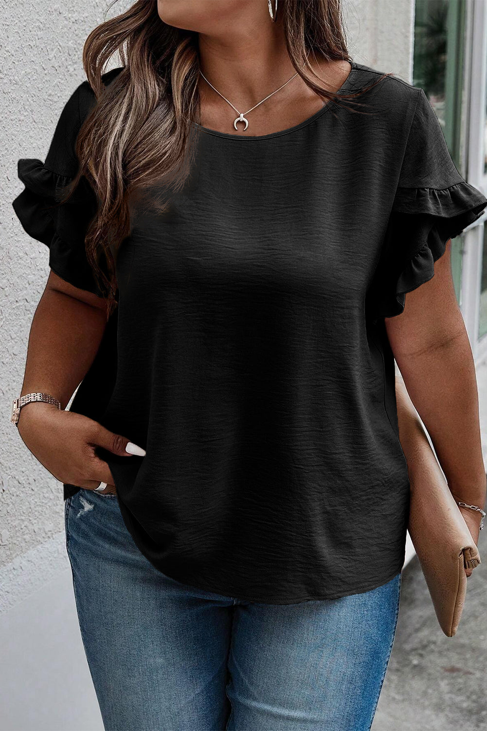 Plus Size Ruffled Round Neck Short Sleeve Blouse-Jewearrings