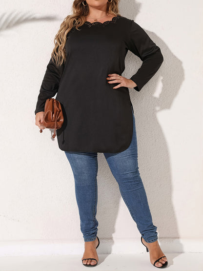 Plus Size Slit Long Sleeve T-Shirt-Jewearrings