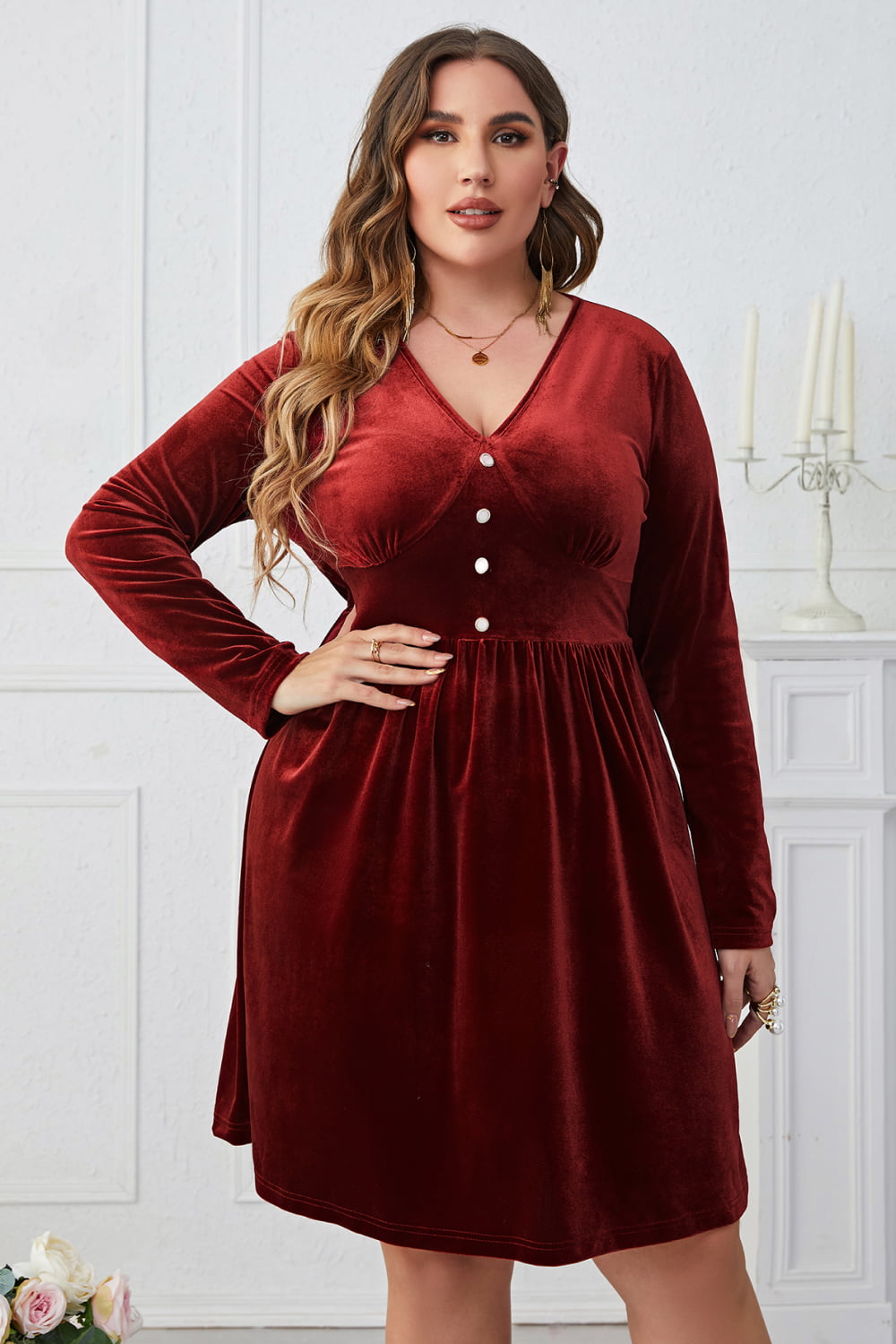 Melo Apparel Plus Size V-Neck Decorative Button Knee Length Dress-Jewearrings