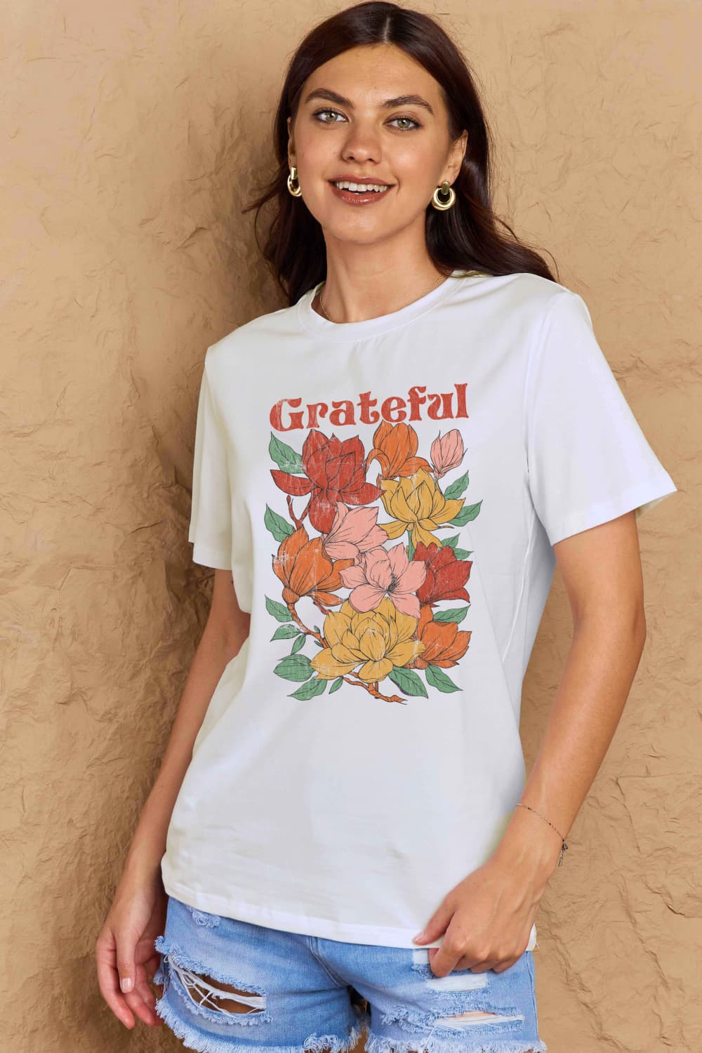 Simply Love Full Size GRATEFUL Flower Graphic Cotton T-Shirt-Jewearrings