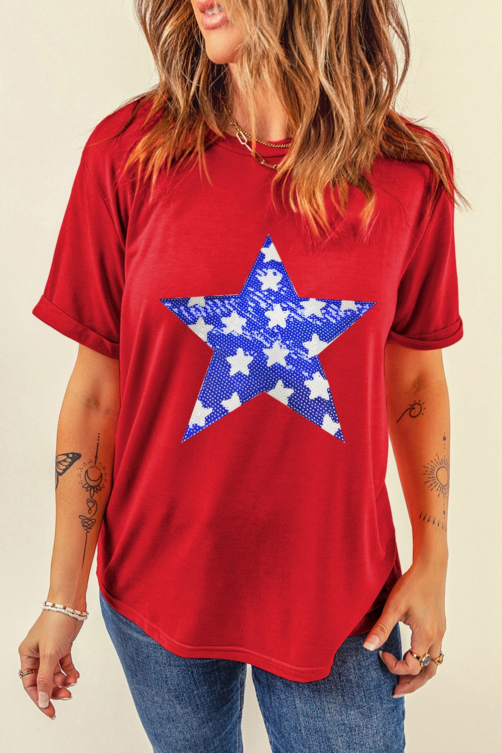 Sequin Star Round Neck Short Sleeve T-Shirt-Jewearrings