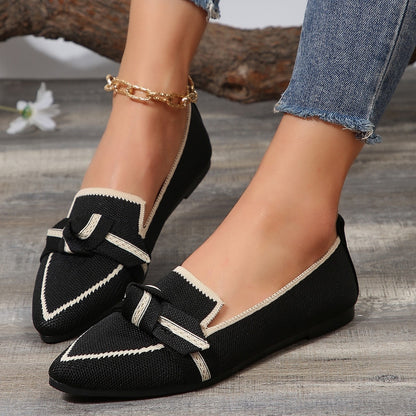 Bow Contrast Trim Point Toe Loafers-Jewearrings