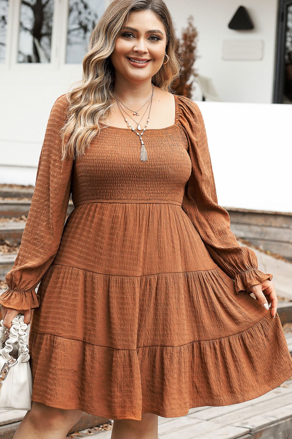 Plus Size Smocked Square Neck Tiered Dress-Jewearrings