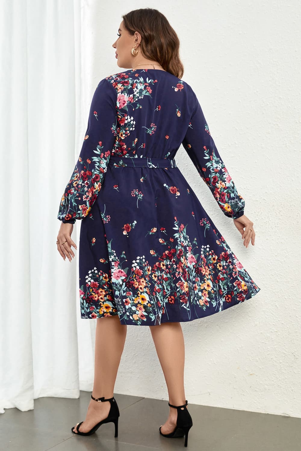 Melo Apparel Plus Size Floral Tie Waist Long Sleeve Dress-Jewearrings