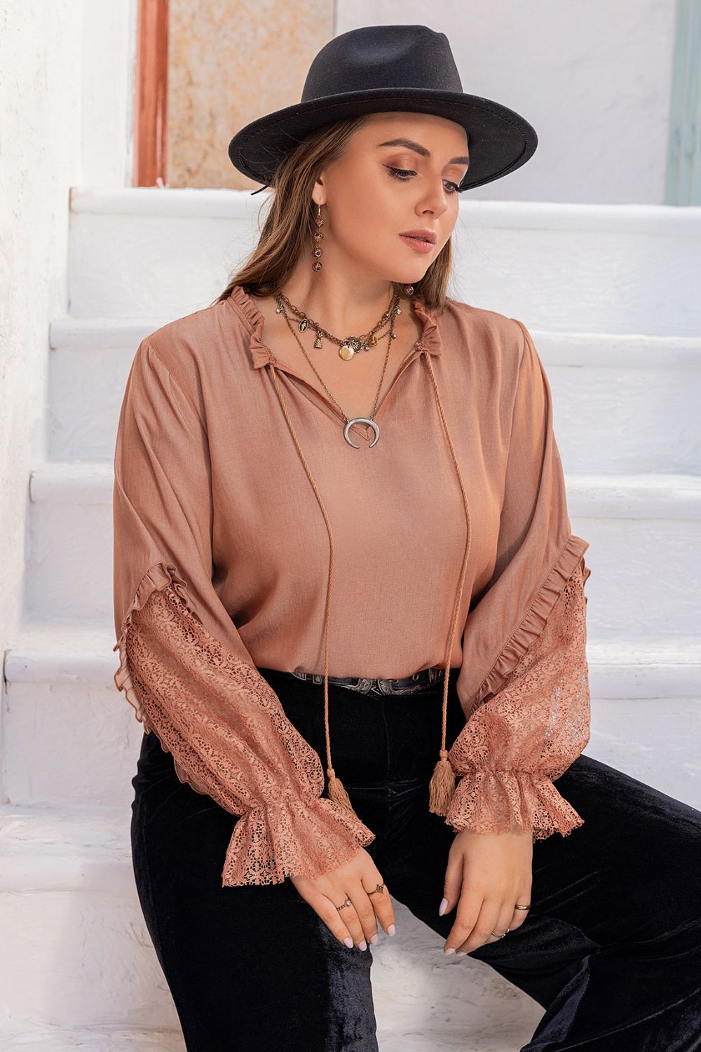 Plus Size Tie Neck Flounce Sleeve Blouse-Jewearrings