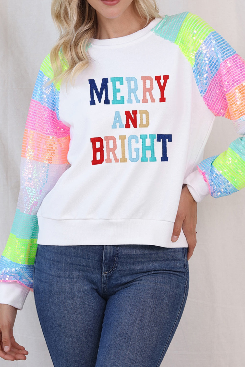 MERRY AND BRIGHT Sequin Long Sleeve Sweatshirt-Jewearrings