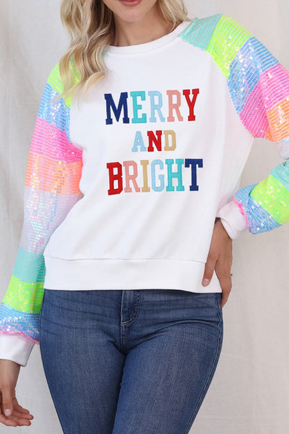 MERRY AND BRIGHT Sequin Long Sleeve Sweatshirt-Jewearrings