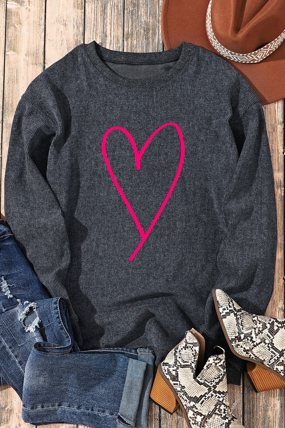 Heart Round Neck Dropped Shoulder Sweatshirt-Jewearrings