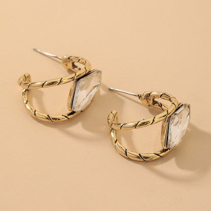 925 Silver Needle Fashion Rhinestone Hollow C Shape Stud Earrings-Jewearrings