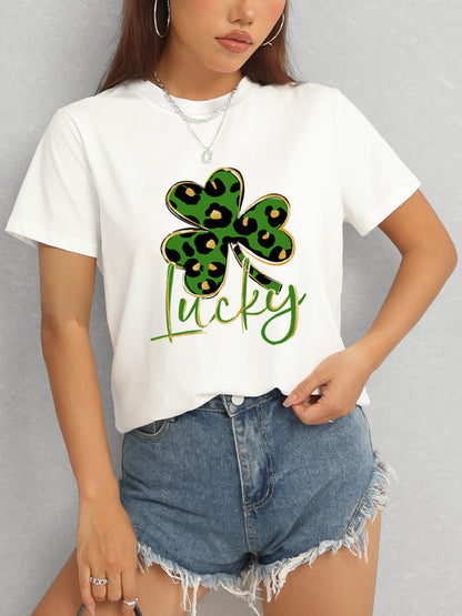 Lucky Clover Round Neck Short Sleeve T-Shirt-Jewearrings