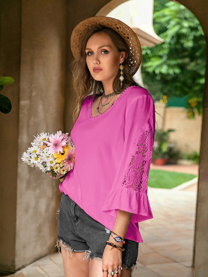 Plus Size Flower Crochet Flare Sleeve Top-Jewearrings