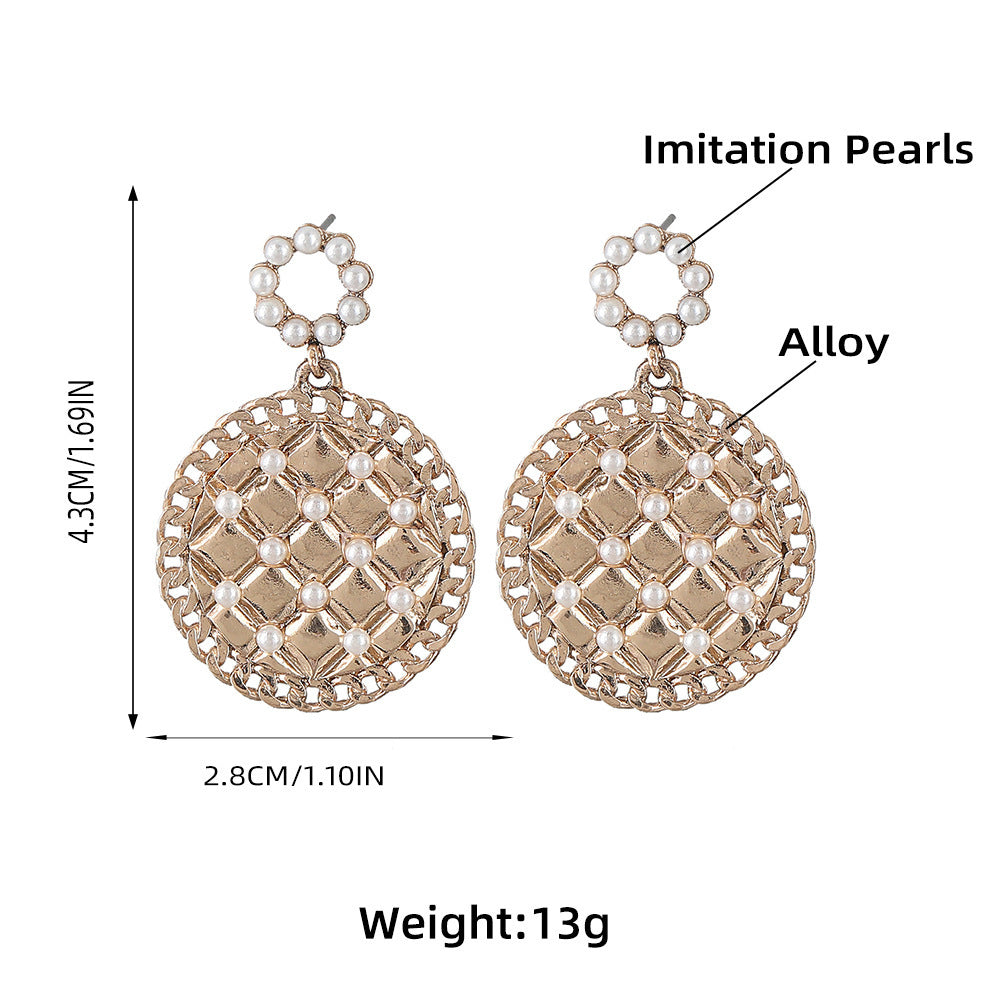 New Mesh Alloy Inlaid Pearl Round Earrings Female Trend-Jewearrings