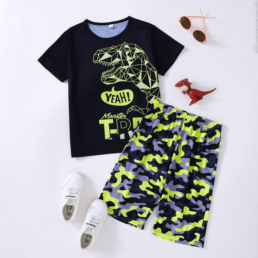 Boys Dinosaur Graphic Tee and Camouflage Shorts Set-Jewearrings