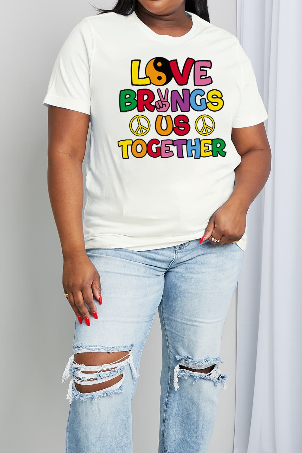 Simply Love Full Size LOVE BRINGS US TOGETHER Graphic Cotton Tee-Jewearrings