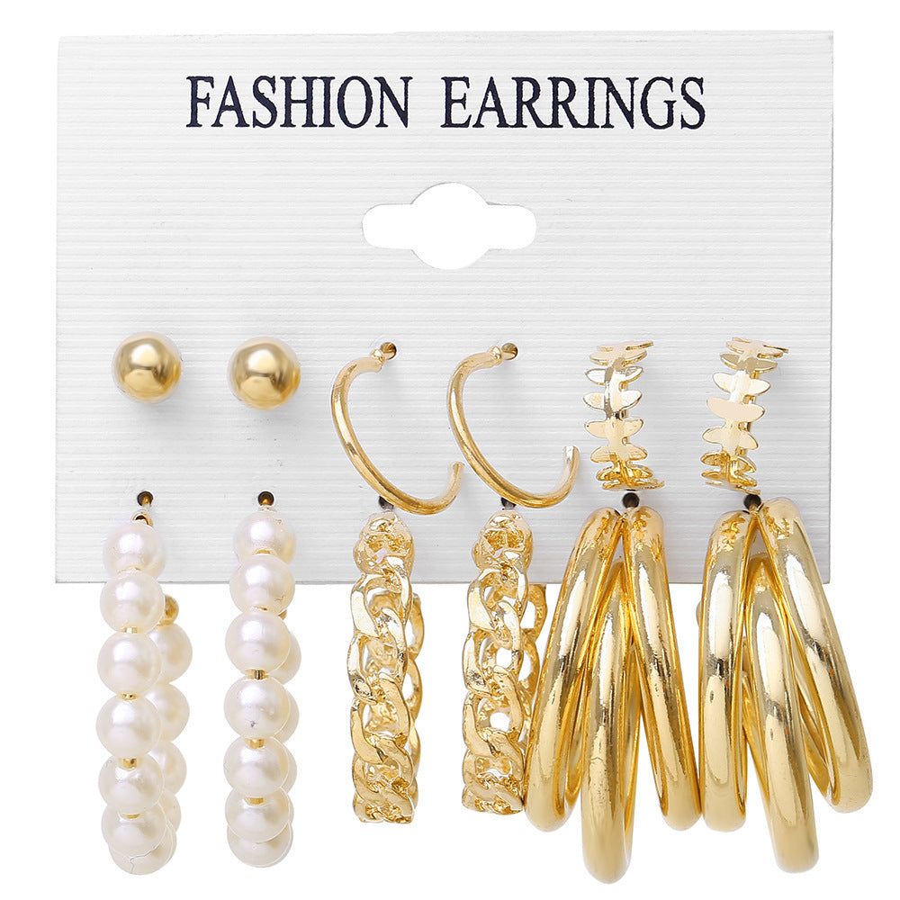 Vintage Metal Circle Women's Accessories Geometric Pearl Earrings 6-piece Set-Jewearrings