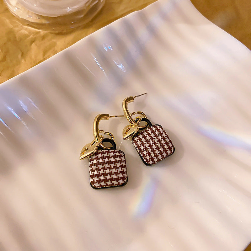 925 Silver Needle Black And White Houndstooth Bag Earrings-Jewearrings