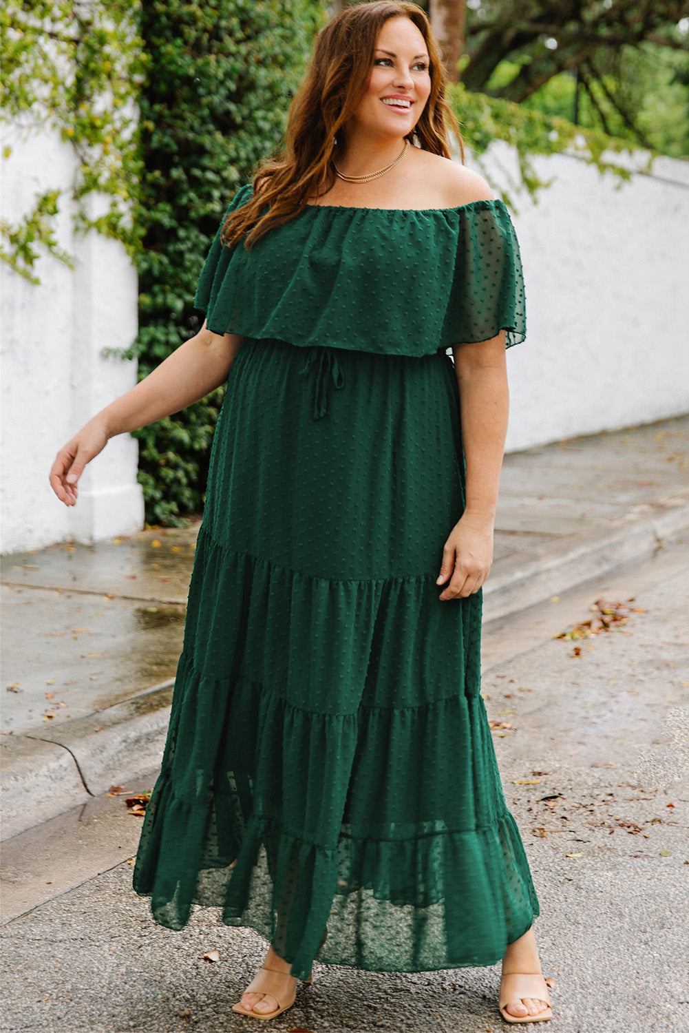 Plus Size Swiss Dot Off-Shoulder Tiered Dress-Jewearrings