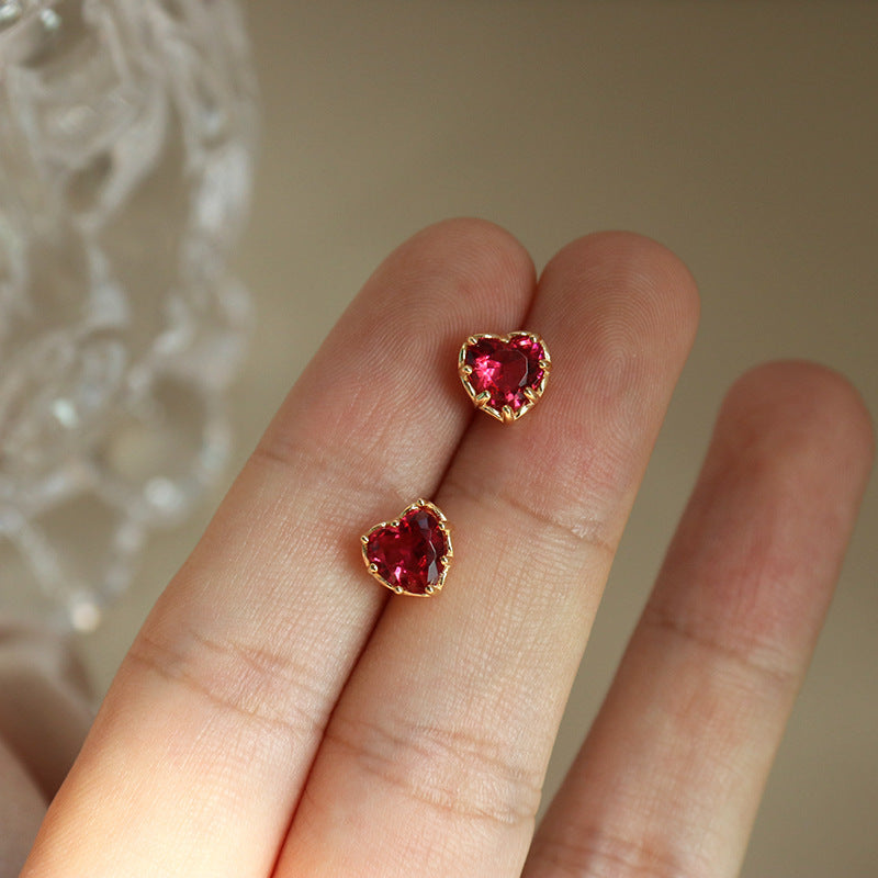 Sterling Silver Peach Heart Love Stud Earrings Red Temperament-Jewearrings