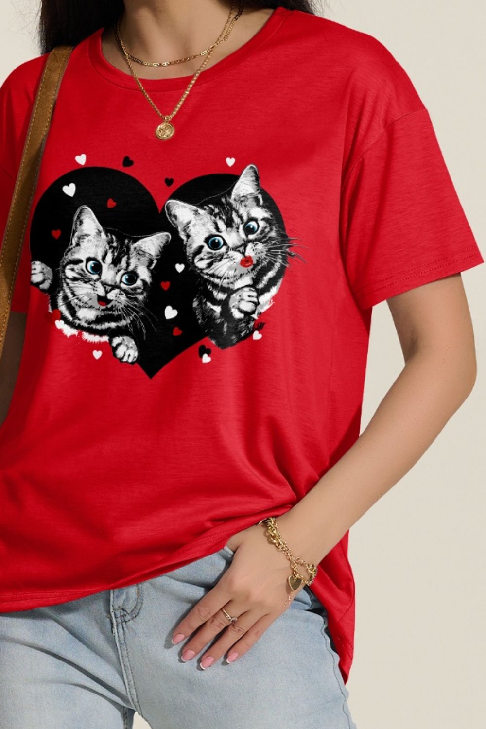 Cat Round Neck Dropped Shoulder T-Shirt-Jewearrings