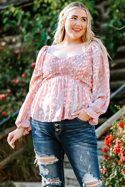 Plus Size Floral Smocked Flounce Sleeve Blouse-Jewearrings