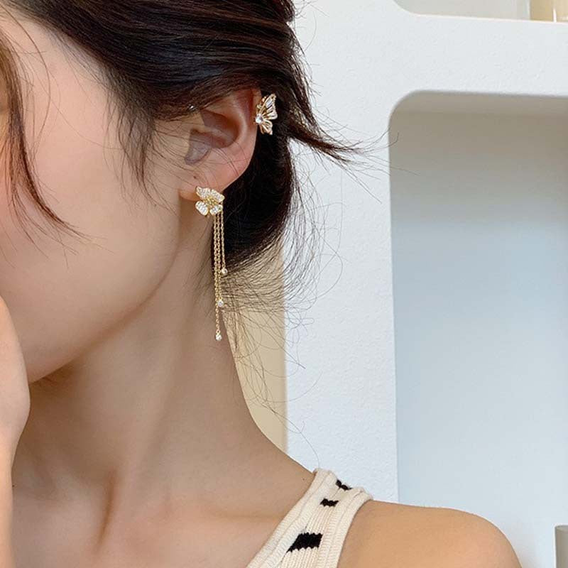 Butterfly Tassel Ear Clip Long Female Non-piercing Earrings-Jewearrings