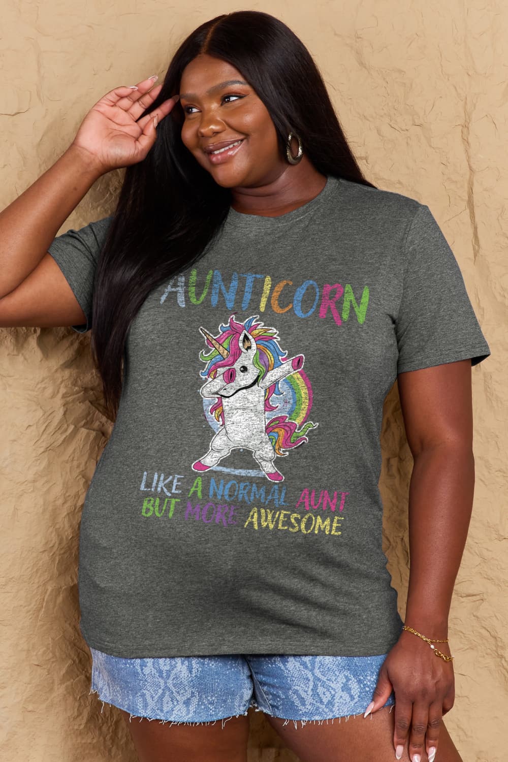 Simply Love Full Size AUNTICORN LIKE A NORMAL AUNT BUT MORE AWESOME Graphic Cotton Tee-Jewearrings