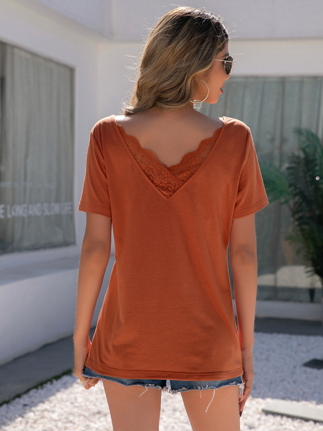 Lace Detail V-Neck Short Sleeve T-Shirt-Jewearrings