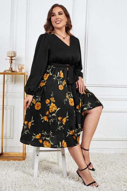 Melo Apparel Plus Size Floral Print Tie Belt V-Neck Balloon Sleeve Midi Dress-Jewearrings