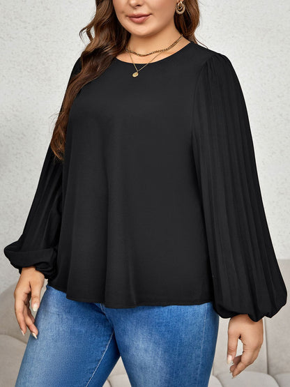 Plus Size Round Neck Puff Sleeve Blouse-Jewearrings