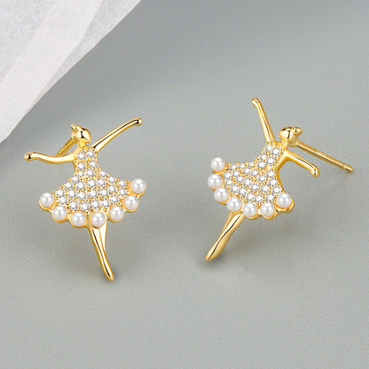 Women's Sterling Silver Needle Dancing Zircon Stud Earrings-Jewearrings